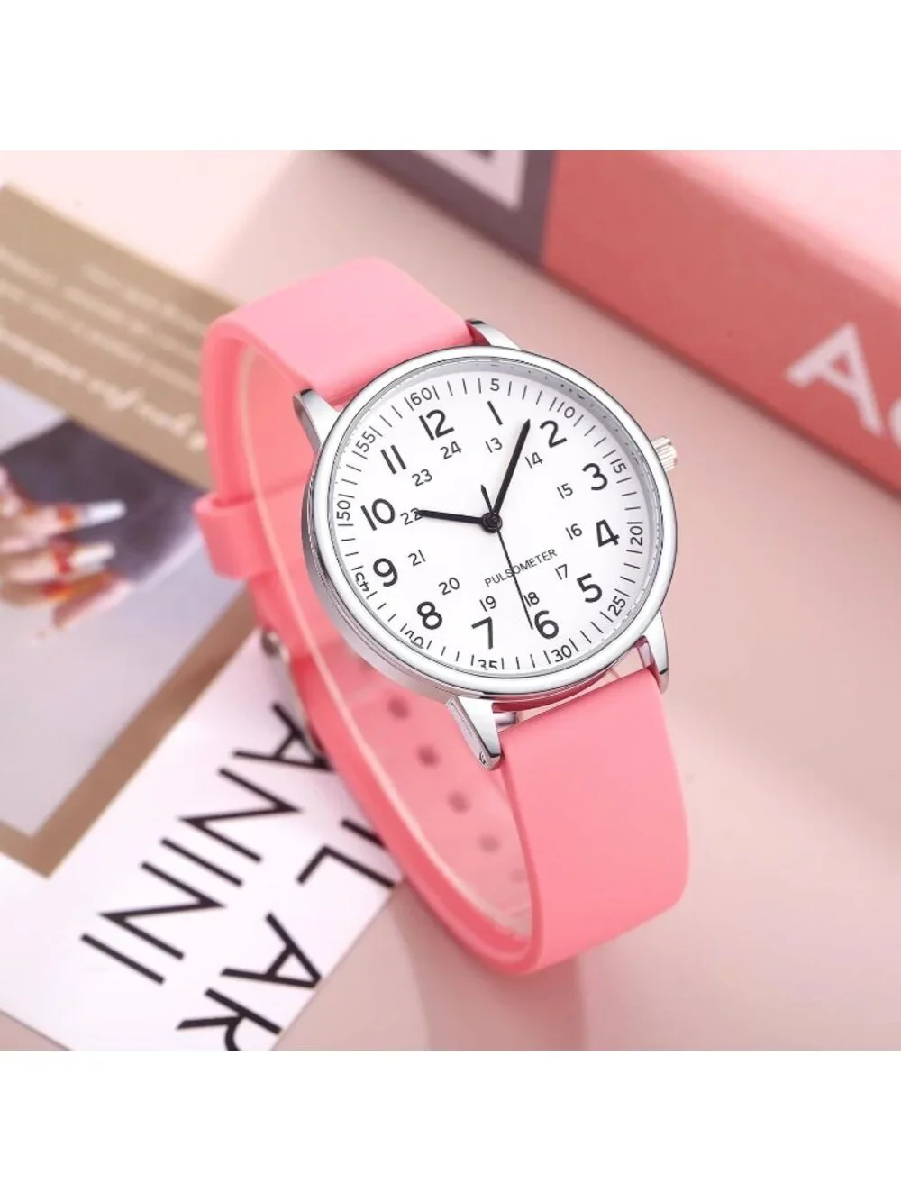 Women's Pink White Analog Quartz Solid Silicone Band Read Dial Nurse Wrist Watch